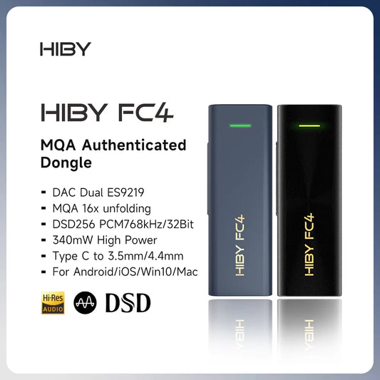 Hiby FC4 MQA 16X Dongle Type C USB DAC Audio Hifi Decoder Headphone Amplifier DSD256 ES9219 for Android Ios Win10 Mac Sound Card