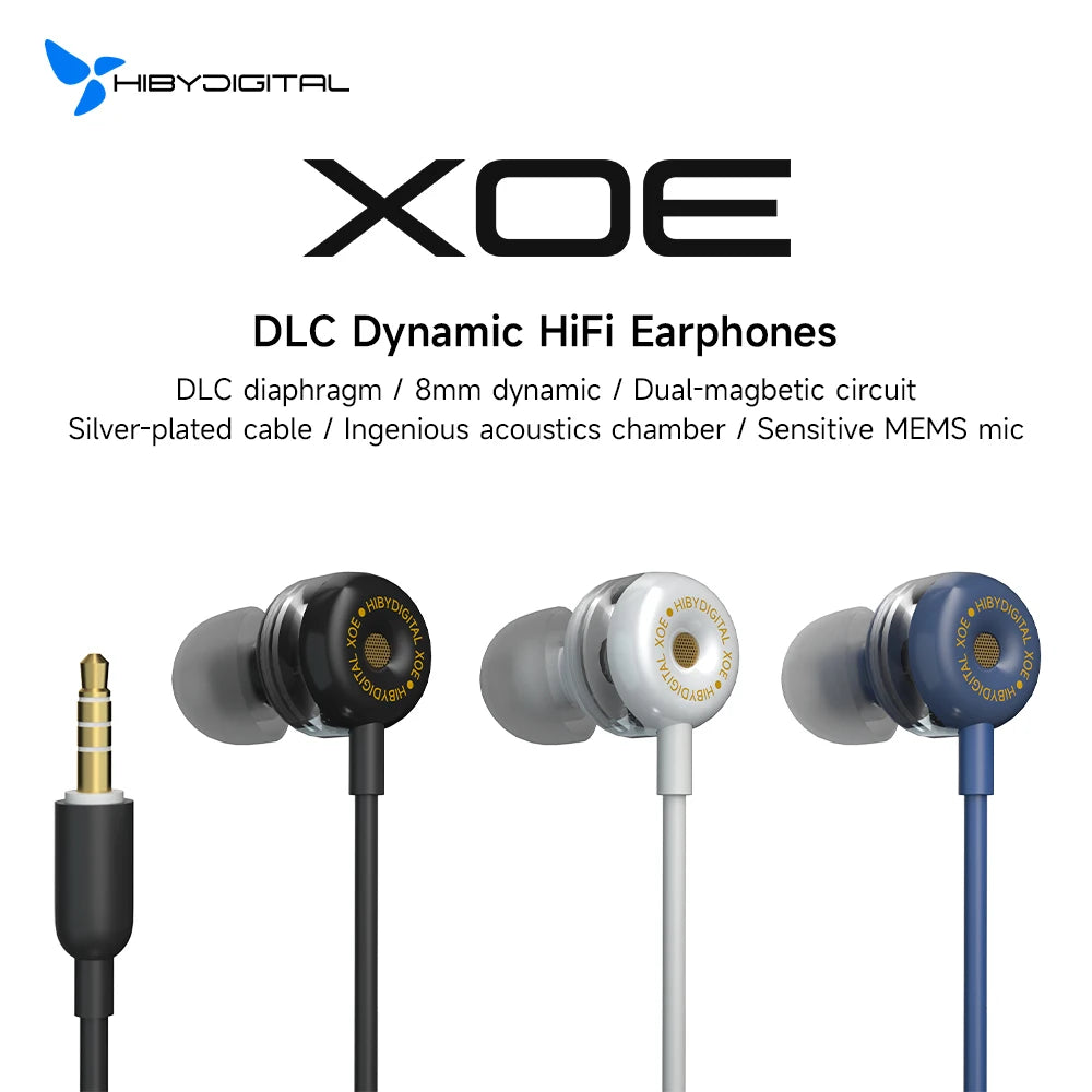 Hiby Digital XOE 8Mm DLC Diaphragm Dynamic Driver Hifi In-Ear IEM Earbuds Earphones with HD MIC for Android MP3 Game