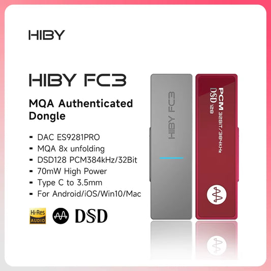 Hiby FC3 Portable MQA 8X Dongle Type C USB DAC Audio Hifi Decoder Headphone Amplifier DSD128 3.5 Jack for Android Ios Mac Win10